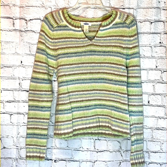 🌞 Old Navy long sleeve knit stiped sweater split neck mint green blue white L - Picture 1 of 15